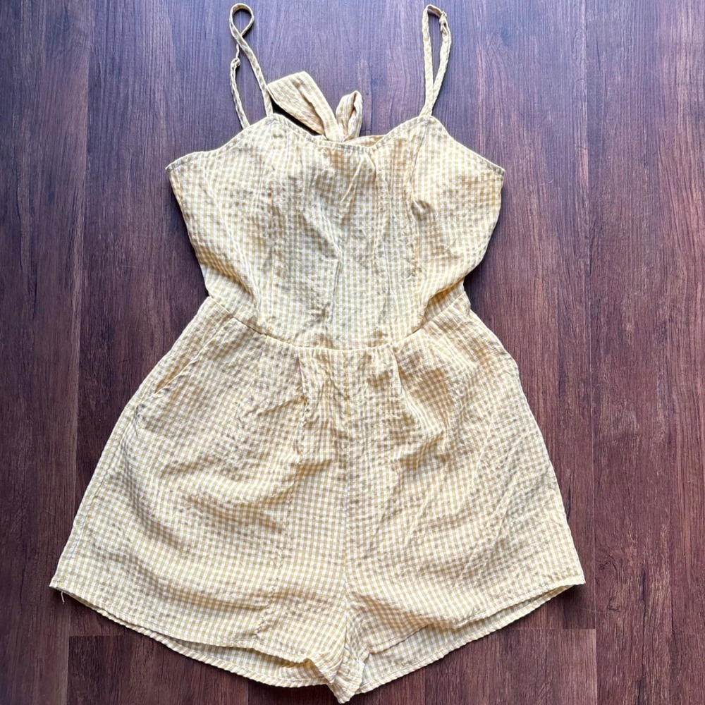 grade & gather mustard yellow gingham romper tie back cut out cottagecore s